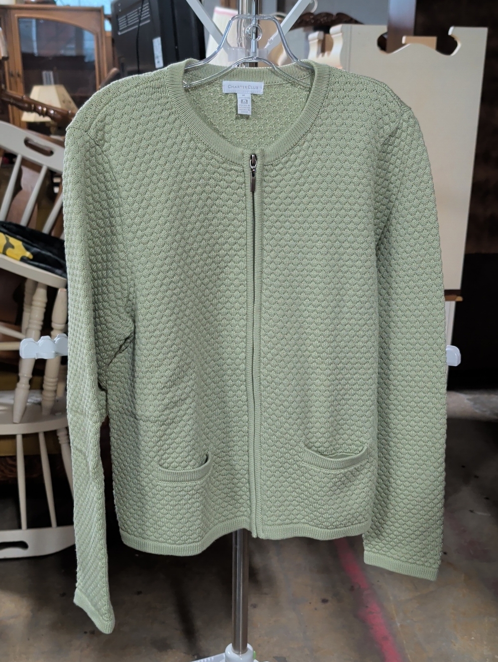 Charter Club 100% Cotton Sage Green Zip-Front Knit Cardigan